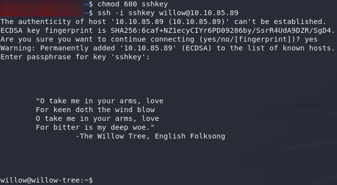 Successful SSH with Willow's Private Key