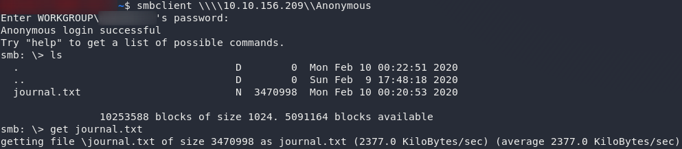 Using get to download the journal.txt file from the Anonymous Samba Share