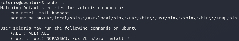 The output of using the sudo -l command. We can use /usr/bin/pip install * as sudo