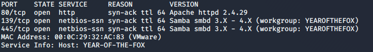 Results of the nmap port scan -- webserver and samba