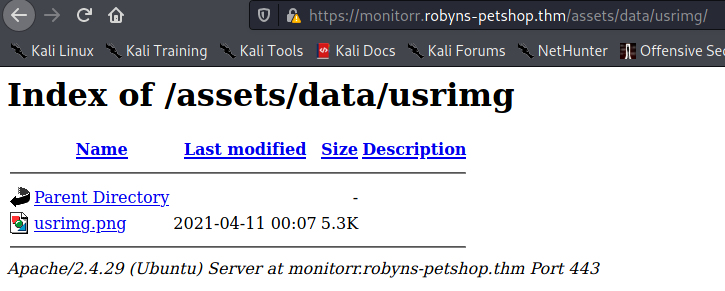 Contents of the /assets/data/usrimg/ directory showing that nothing was uploaded.