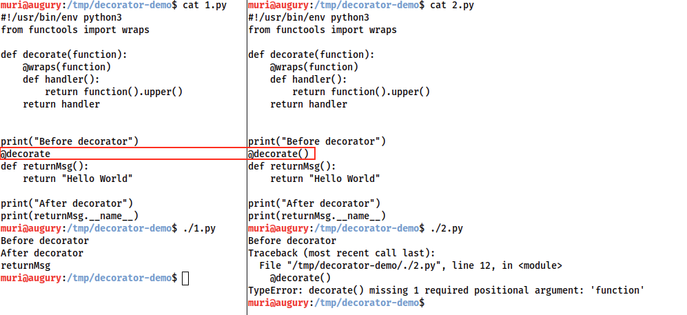 Screenshot showing two versions of the program running -- 1.py does not explicitly call the decorator and executes successfully. 2.py calls the decorator and errors.